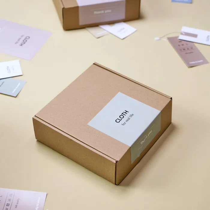 A kraft mailer carton with a printed label, surrounded by printed swing tags