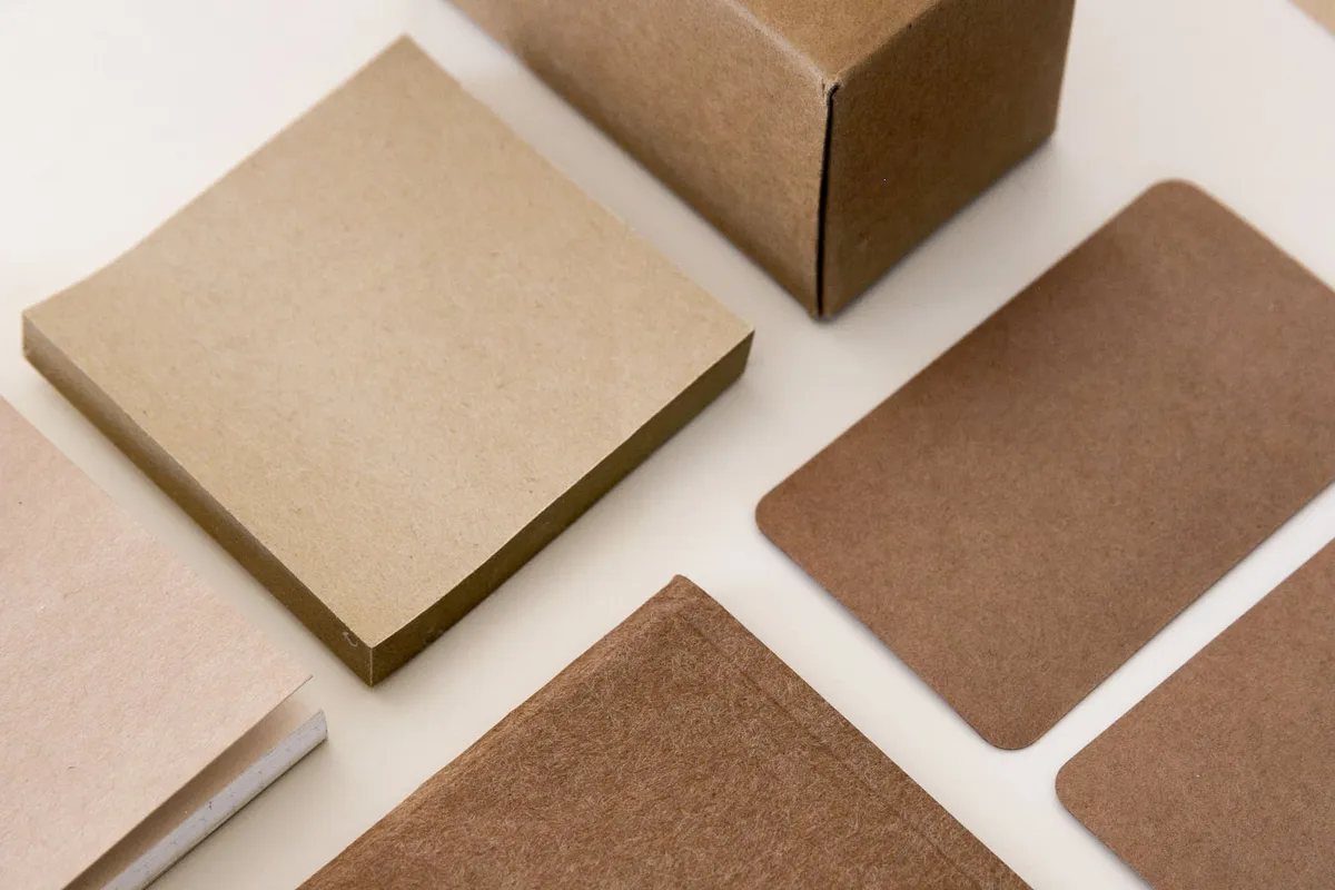 Kraft board samples, a small carton and rounded-corner card blanks laid out on a pale surface