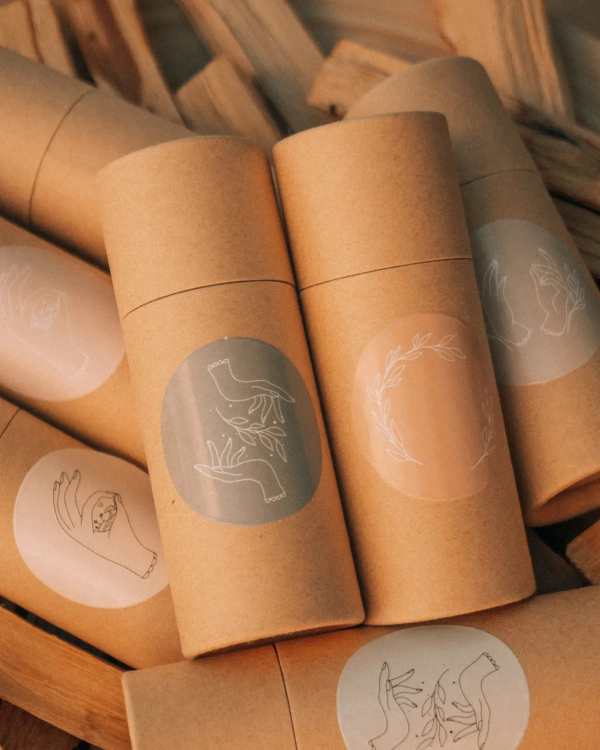 Kraft paper tubes stacked together, each carrying a printed circular label